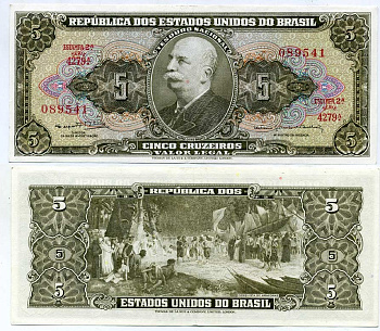 БРАЗИЛИЯ 5 КРУЗЕЙРО 1964 СЕРИЯ 4279, ESTAMPA 2A, БАРАО ДО РИО БРАНКО Pick 176d бумага UNC (ПРЕСС) 445-75-1