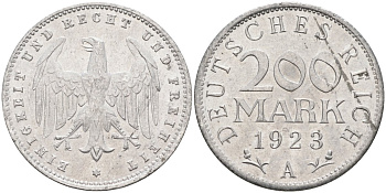 Германия 200 марок 1923 A KM 35, J. 304, Weege 22 алюминий UNC 4586-225