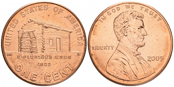 США 1 ЦЕНТ 2009 P, СЕРИЯ 200 ЛЕТ СО ДНЯ РОЖДЕНИЯ АВРААМА ЛИНКОЛЬНА - ДЕТСТВО В КЕНТУКИ (ДОМИК ЛИНКОЛЬНА) KM 441 цинк плакированный медью UNC M32-9