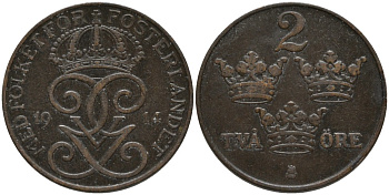 Швеция 2 эре 1914 Густав V (1907-1950) KM 778 бронза 63-1046