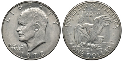США 1 доллар 1972 D, Президент Эйзенхауэр, лунный орел KM 203 медь плакированная медно-никелем 4558-1033