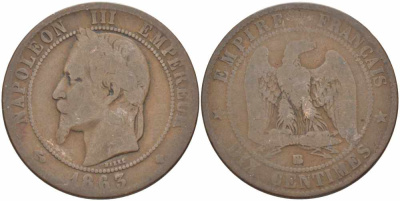 Франция 10 сантимов 1863 BB, Наполеон III (1852-1870) KM 798.2, Le Franc 134.9 бронза 4389-316