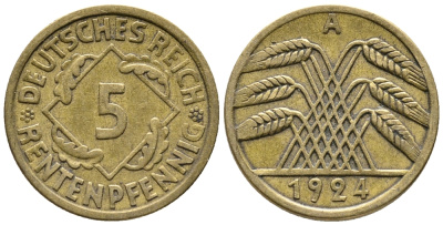 ГЕРМАНИЯ 5 РЕНТЕНПФЕННИГОВ 1924 A KM 32, J. 308 алюминиевая бронза 39-443