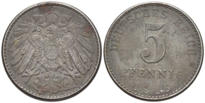 ГЕРМАНИЯ 5 ПФЕННИГОВ 1916 A KM 19, J. 297 железо 211-618