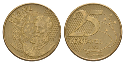 Бразилия 25 сентаво 2002 KM 650 сталь плакированная латунью 4648-1212