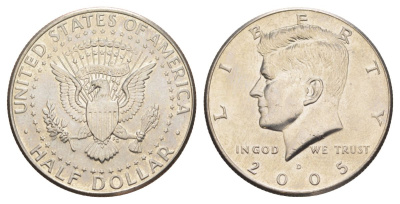 США 1/2 доллара (50 центов) 2005 D, Джон Кеннеди KM A202b медь плакированная медно-никелем aUNC 4517-424