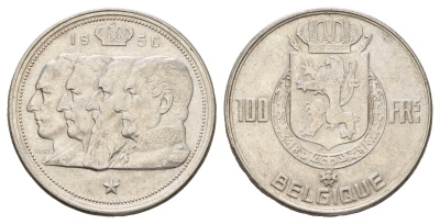 Бельгия 100 франков 1950 Леопольд III (1934-1950), Belgique KM 138 серебро 1519-743