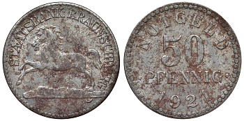 Германия, Брауншвейг 50 пфеннигов 1921 Нижняя Саксония, нотгельд J.N6 железо 4121-524