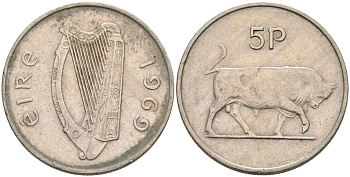 Ирландия 5 пенсов 1969 бык KM 22 медно-никель 4561-1146