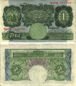 АНГЛИЯ 1 ФУНТ 1949-1955 ЗЕЛЕНЫЙ, ПОДПИСЬ ПОДПИСЬ P.S. BEALE Pick 369b бумага VF 7218-35-2