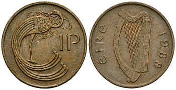 Ирландия 1 пенни 1988 мифологическая птица лира KM 20 бронза 4138-856