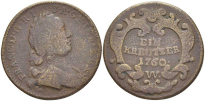 АВСТРИЯ 1 КРЕЙЦЕР 1760 W, ФРАНЦ I (1745-1765) KM 2007 медь 180-531