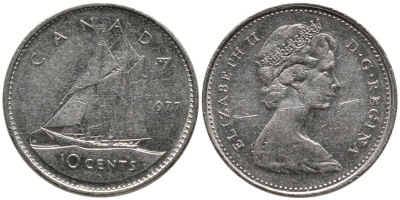 Канада 10 центов 1977 Елизавета II (1952-2022), парусник KM 77.1 никель 4532-822