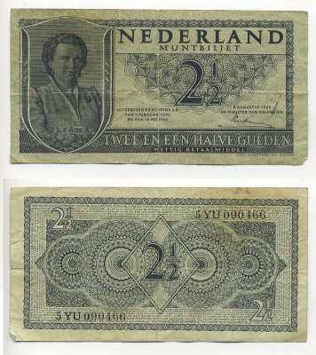 НИДЕРЛАНДЫ 2 1/2 ГУЛЬДЕНА 1949 8 АВГУСТА 1949, КОРОЛЕВА ЮЛИАНА Pick 73 бумага 6301-1-3-1