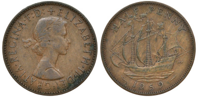 Великобритания 1/2 пенни 1959 Елизавета II (1952-2022) KM 896, Spink 4158 бронза 72-135