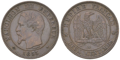 Франция 2 сантима 1855 W, Наполеон III (1852-1870) KM 776.7 бронза 4617-731