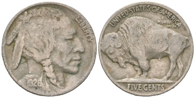 США 5 центов 1926 индеец, бизон KM 134 медно-никель 4614-1113