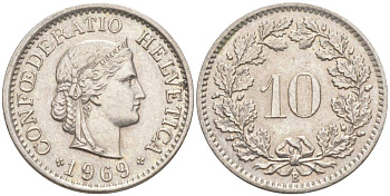 ШВЕЙЦАРИЯ 10 РАППЕНОВ 1969 В KM 27 медно-никель 55-415