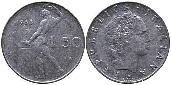 ИТАЛИЯ 50 ЛИР 1966 R, БОГ ОГНЯ ВУЛКАН У НАКОВАЛЬНИ KM 95.1 нержавеющая сталь 3333-213