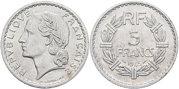Франция 5 франков 1945 тип Lavrillier, open 9 KM 888b.1, Le Franc 339.3 алюминий 81-1141