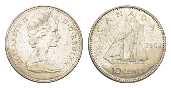 Канада 10 центов 1966 Елизавета II (1952-2022), парусник KM 61 серебро 4623-947