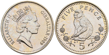 Гибралтар 5 пенсов 1989 АВ обезьяна KM 22 медно-никель UNC 87-533
