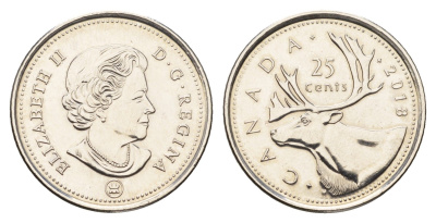 Канада 25 центов 2018 Leaf, Елизавета II (1952-2022), олень KM 493 сталь плакированная никелем UNC 110-724