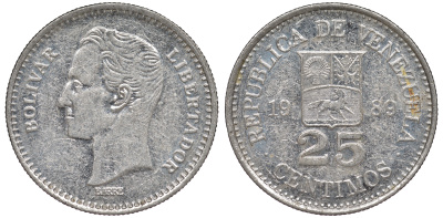 Венесуэла 25 сентимо 1989 Симон Боливар KM 50а сталь плакированная никелем 4594-538