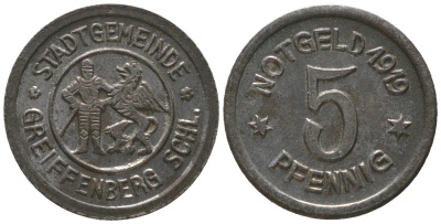 Грайфенберг (Силезия) 5 пфеннигов 1919 Funck 171.4, Men05 9538.4, Men18 11927.4 железо aUNC 4585-138