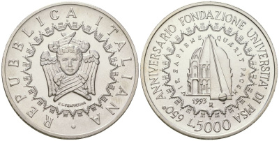 Италия 5000 лир 1993 R, 650 лет Пизанскому университету KM 170 серебро BU 32-144