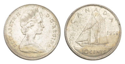 Канада 10 центов 1966 Елизавета II (1952-2022), парусник KM 61 серебро 4623-947