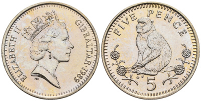 Гибралтар 5 пенсов 1989 АВ обезьяна KM 22 медно-никель UNC 87-533
