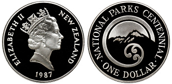 Новая Зеландия 1 доллар 1987 100 лет Национальному парку, Елизавета II (1952-2022), в оригинальной коробке KM 65а серебро PROOF 4-3-4-39