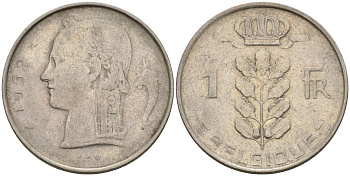 Бельгия 1 франк 1952 Belgique, Бодуэн I (1951-1993) KM 142 медно-никель 4152-144