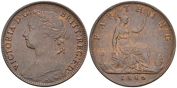 Великобритания 1 фартинг 1886 Виктория (1837-1901) KM 753, Spink 3958 бронза 4584-136