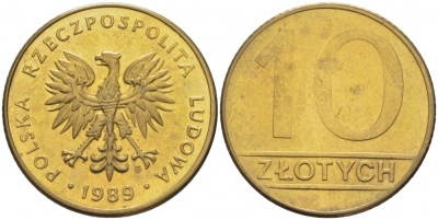 ПОЛЬША 10 ЗЛОТЫХ 1989 MW KM 152.2 латунь 4519-1021
