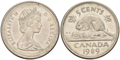 Канада 5 центов 1989 Елизавета II (1952-2022), бобер KM 60.2а медно-никель    4148-1244