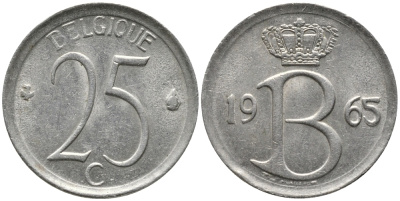 Бельгия 25 сантимов 1965 Belgique, Бодуэн I (1951-1993) KM 153.1 медно-никель 99-1169