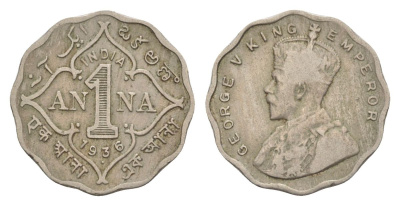 Британская Индия 1 анна 1936 Георг V (1910-1936), точка - Бомбей KM 513 медно-никель 4632-724