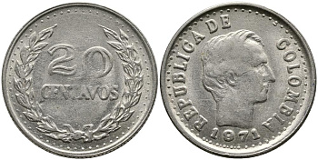 КОЛУМБИЯ 20 СЕНТАВО 1971 ФРАНСИСКО де ПАУЛА САНТАНДЕР KM 245 никелированная сталь 3336-616