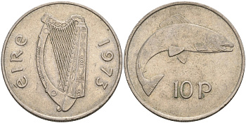 Ирландия 10 пенсов 1973 лосось KM 23 медно-никель 88-732