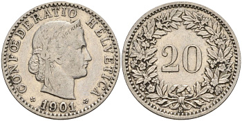 Швейцария 20 раппенов 1901 B KM 29 никель 4606-734