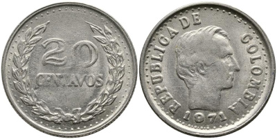КОЛУМБИЯ 20 СЕНТАВО 1971 ФРАНСИСКО де ПАУЛА САНТАНДЕР KM 245 никелированная сталь 3336-616