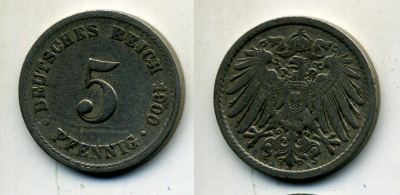 ГЕРМАНИЯ 5 ПФЕННИГОВ 1900 A, KM 11, J. 12 медно-никель 58-1156