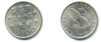 ПОРТУГАЛИЯ 5 ЭСКУДО 1977 ПАРУСНИК KM 591 медно-никель 176-257