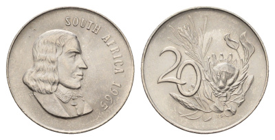 ЮАР 20 центов 1965 Ян ван Рибек (1619-1677), South Africa, легенда на английском, цветок протея KM 69.1 никель UNC 4678-232