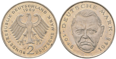 ФРГ 2 марки 1989 J, Людвиг Эрхард, 40 лет Федеративной Республике KM 170 медно-никель 4572-1143