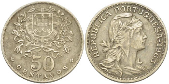 Португалия 50 сентаво 1963 голова Свободы вправо, редкий год KM 577 медно-никель 4513-1217