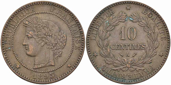 ФРАНЦИЯ 10 САНТИМОВ 1893 A, ТРЕТЬЯ РЕСПУБЛИКА (1871-1940) KM 815.1, LA FRANC 135.38 бронза 82-641