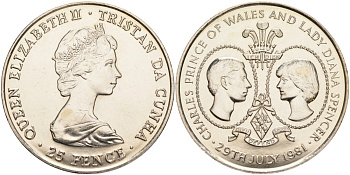 Тристан-да-Кунья 25 пенсов 1981 Королевская Свадьба KM 4 медно-никель UNC 4527-325